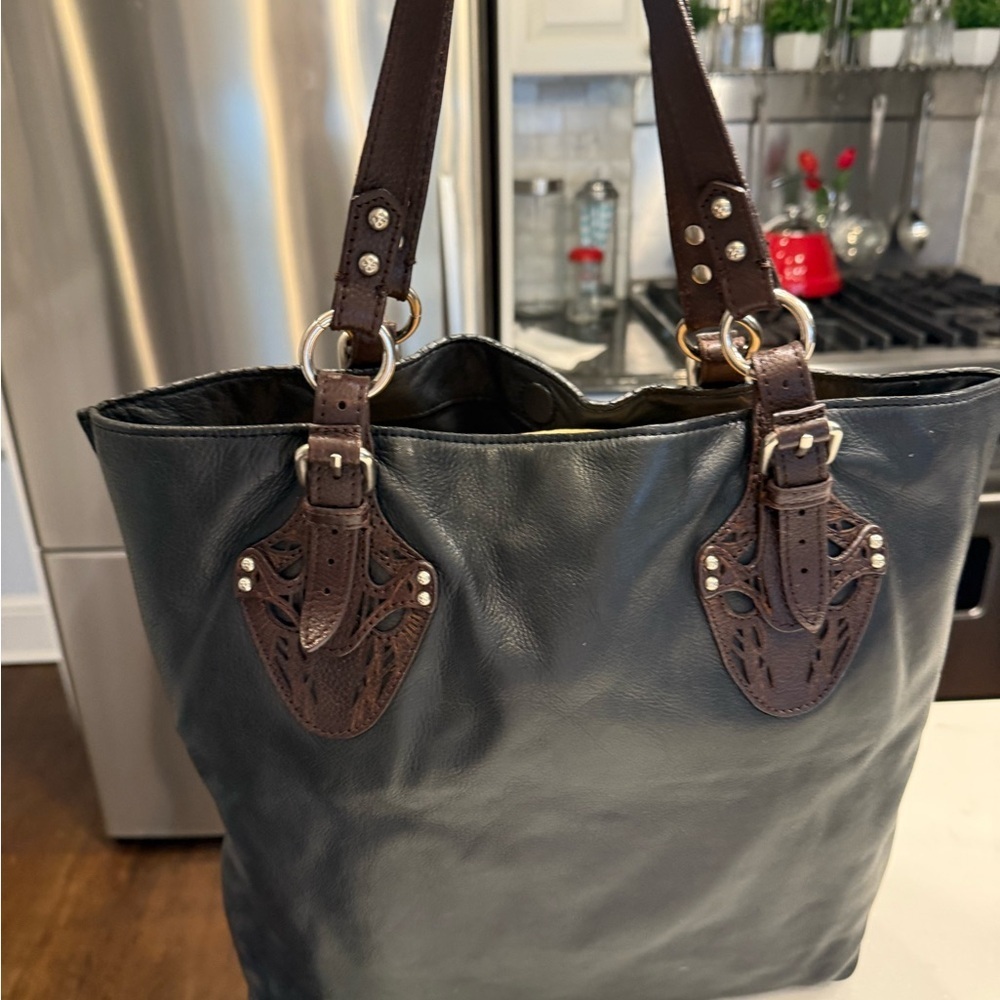 Foley + Corinna Black Leather Large Tote Bag Silver Hardware Brown Accents EUC - Picture 14 of 14